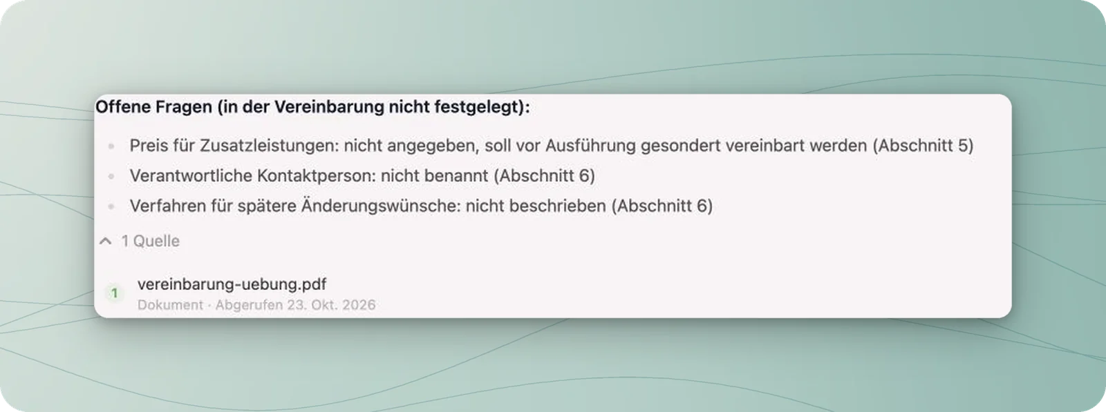 Drei offene Angaben zu Zusatzleistungspreis, Kontaktperson und Änderungsverfahren sowie Quellenverweis auf vereinbarung-uebung.pdf.