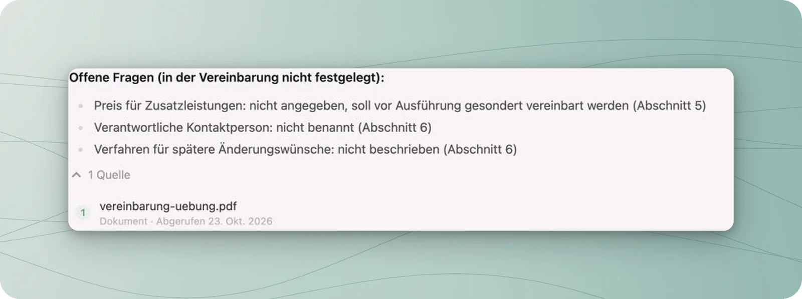 Drei offene Angaben zu Zusatzleistungspreis, Kontaktperson und Änderungsverfahren sowie Quellenverweis auf vereinbarung-uebung.pdf.