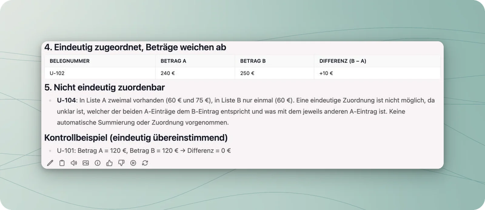 Ergebnis des neutralen Übungstests mit den Beträgen 240 und 250 Euro für U-102, dem Hinweis auf doppelte U-104 in Liste A und dem übereinstimmenden Kontrollbeispiel U-101.