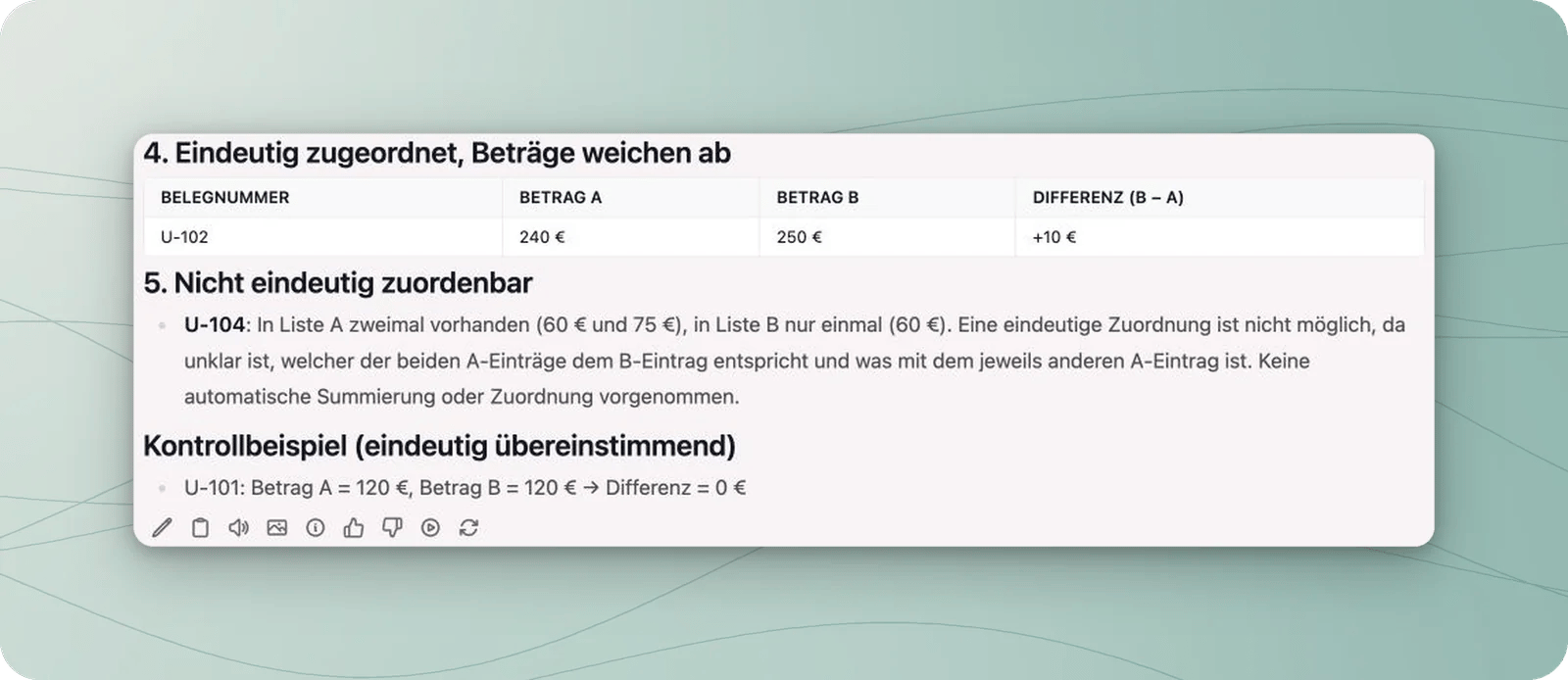 Ergebnis des neutralen Übungstests mit den Beträgen 240 und 250 Euro für U-102, dem Hinweis auf doppelte U-104 in Liste A und dem übereinstimmenden Kontrollbeispiel U-101.