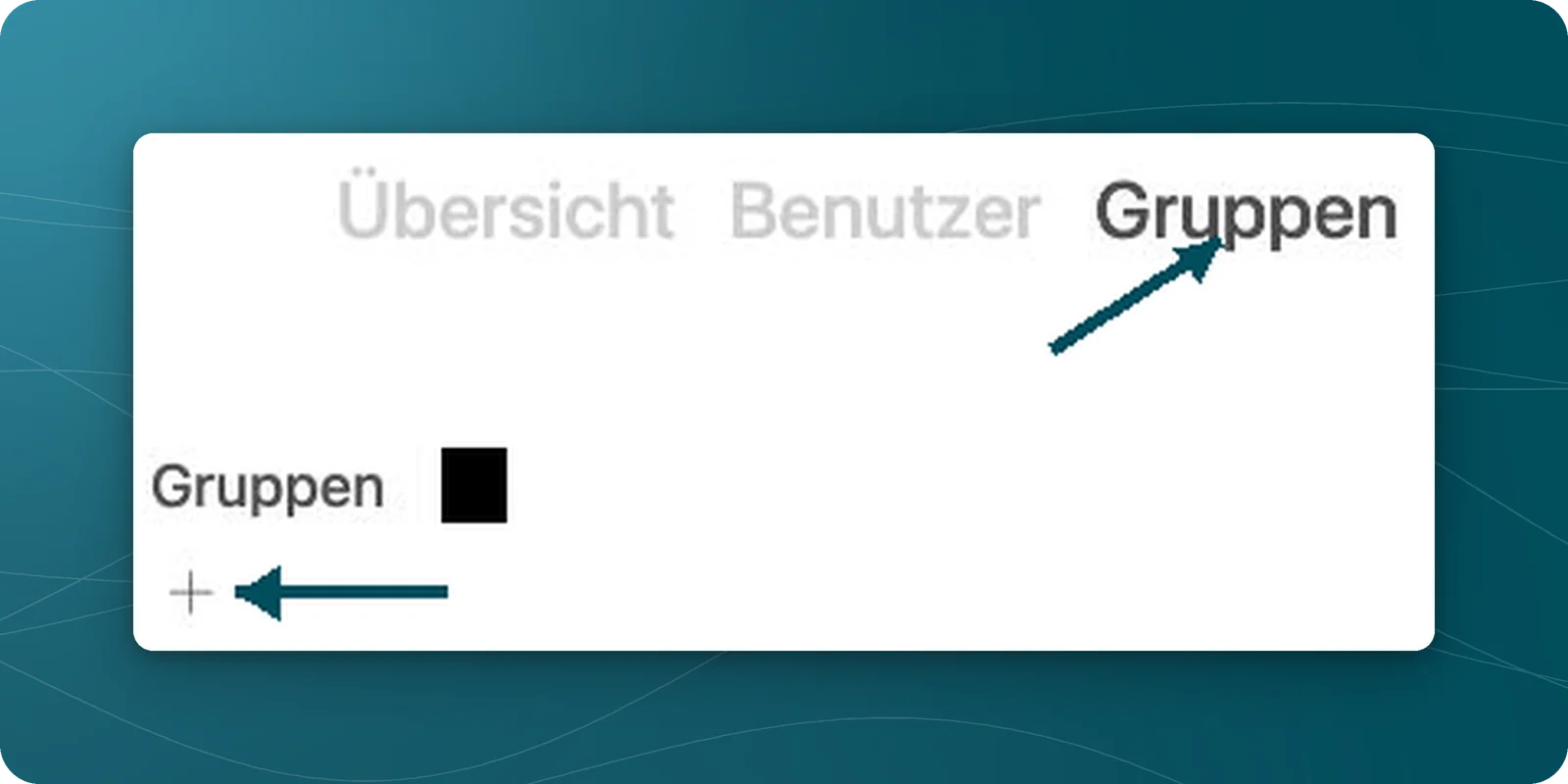 Gruppenverwaltung mit Pfeilen auf den Reiter Gruppen und das Pluszeichen zum Erstellen einer Gruppe