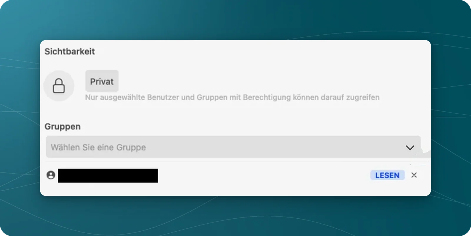 Freigabebereich eines Assistenten mit Sichtbarkeit Privat, Gruppenauswahl und dem Recht Lesen; Gruppenname verdeckt