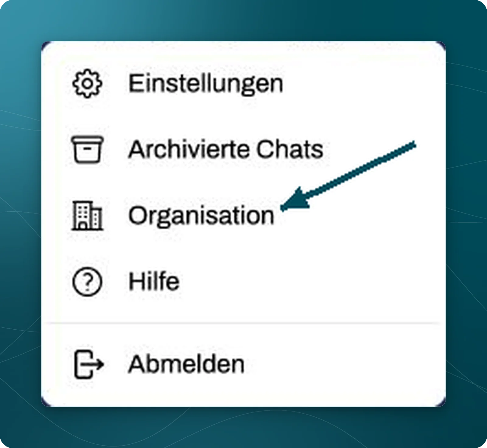 Profilmenü mit Petrolpfeil auf Organisation