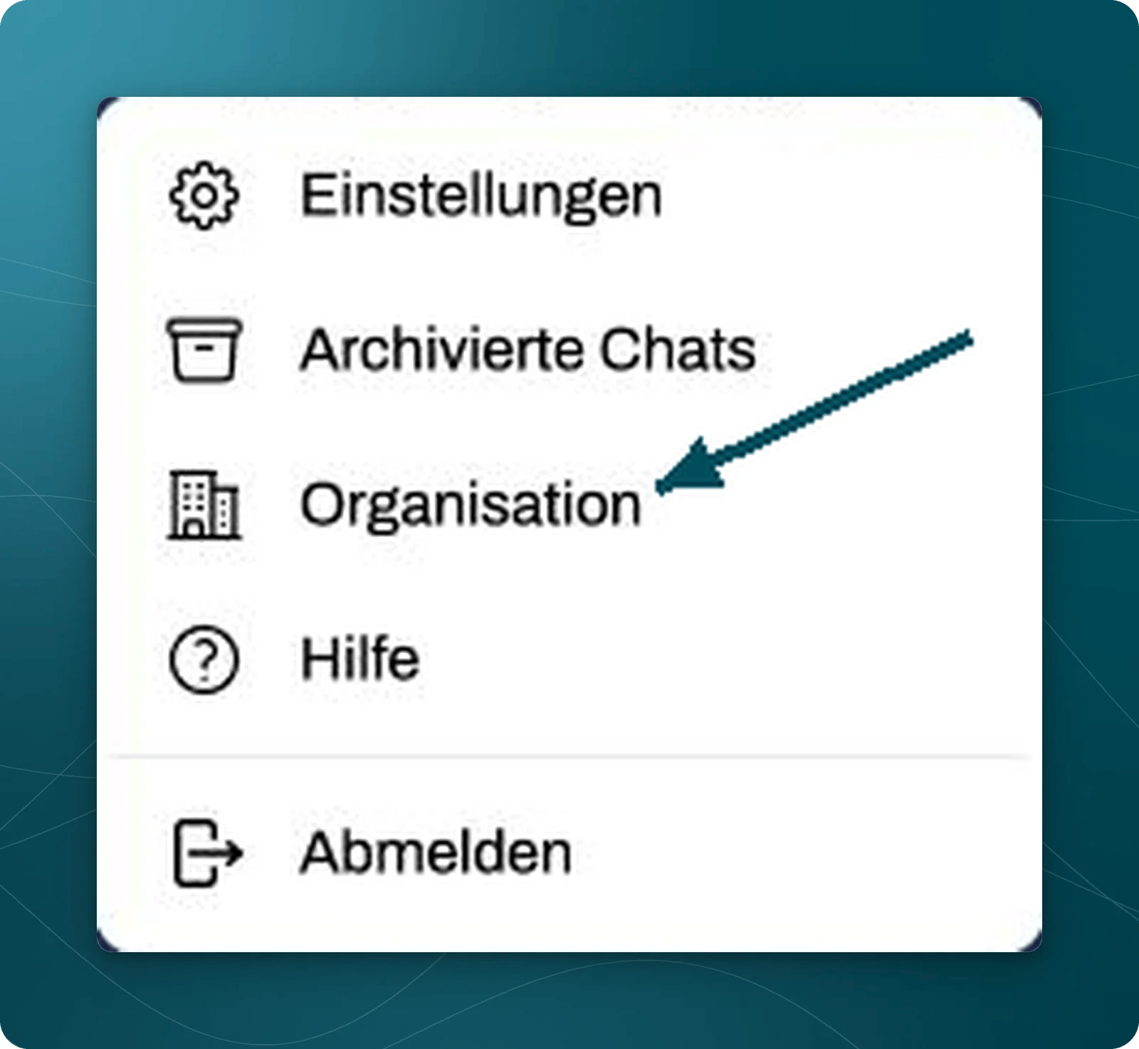 Profilmenü mit Petrolpfeil auf Organisation