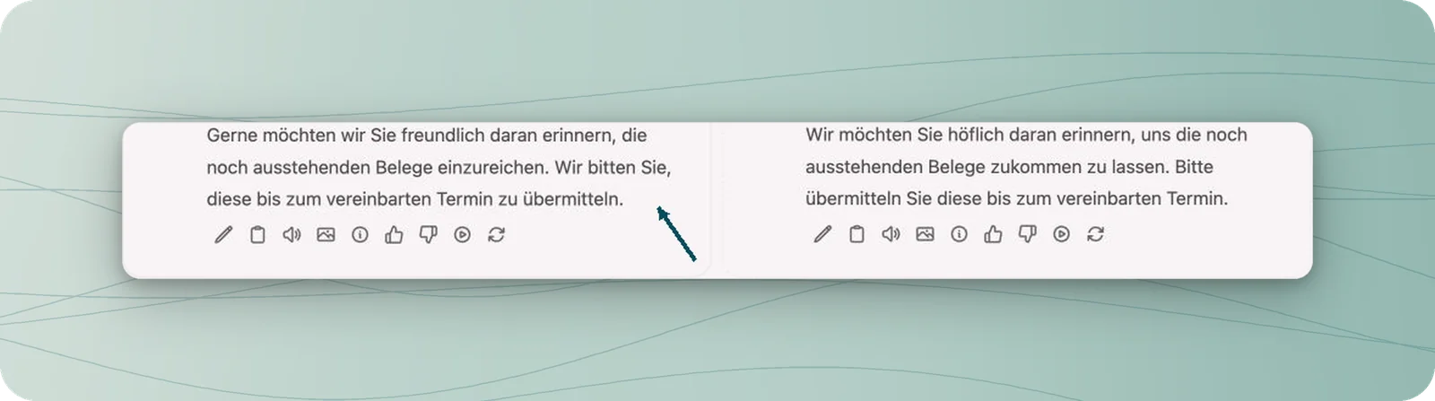 Zwei Antworten auf denselben neutralen Auftrag; ein Petrolpfeil zeigt in die linke ausgewählte Antwortkarte.