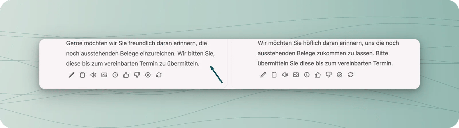Zwei Antworten auf denselben neutralen Auftrag; ein Petrolpfeil zeigt in die linke ausgewählte Antwortkarte.