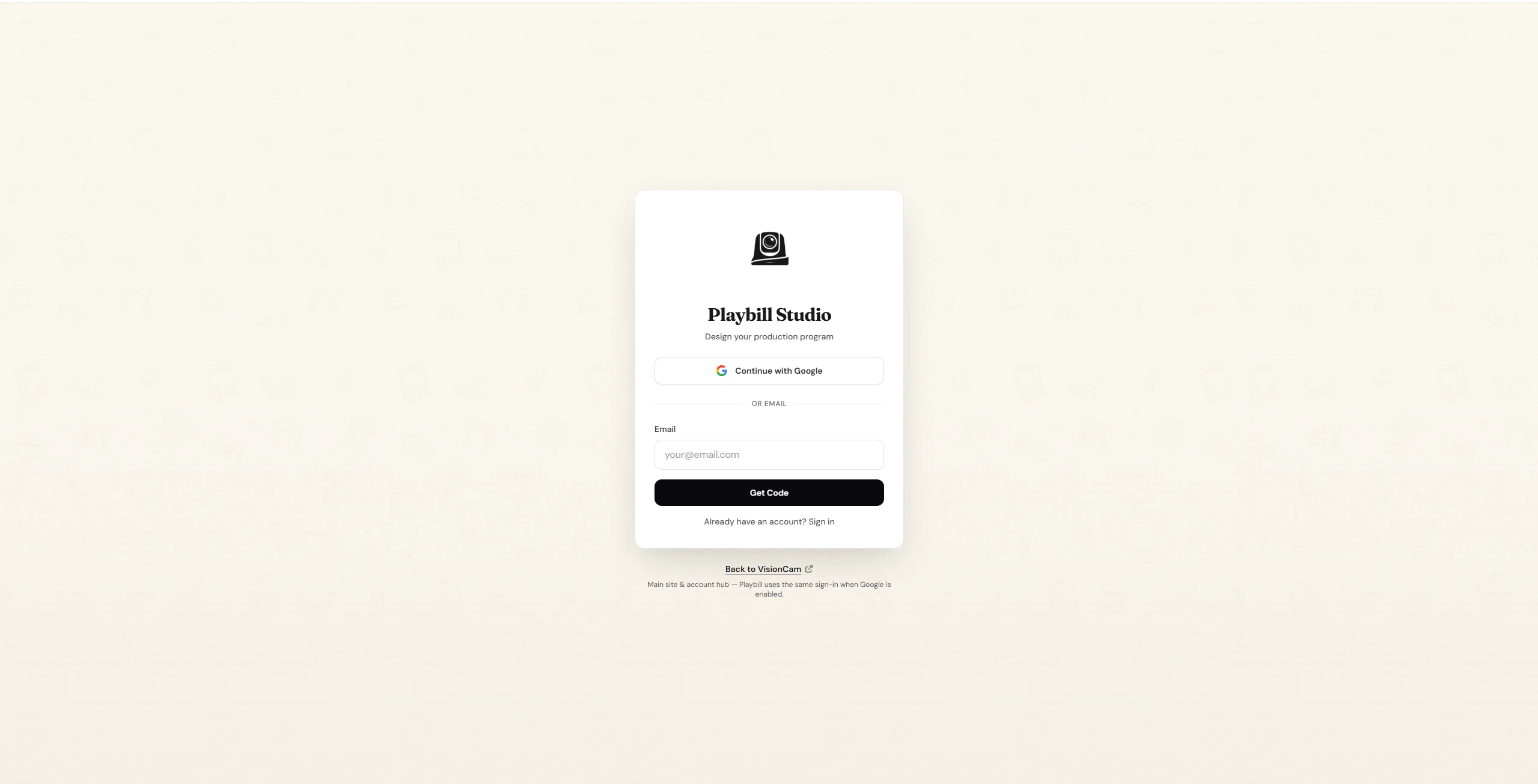 Playbill login screen