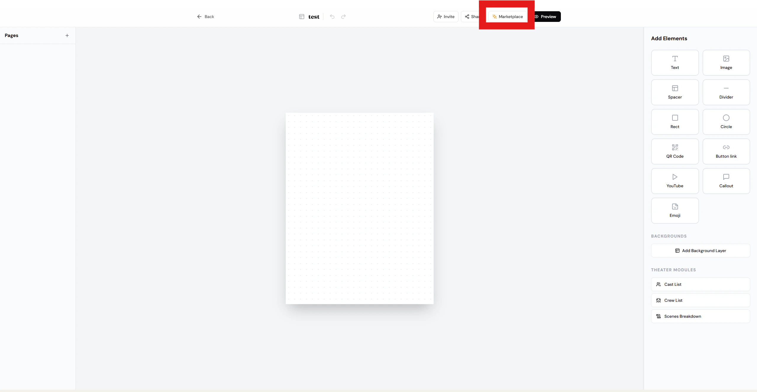 Marketplace button in the top-right corner
