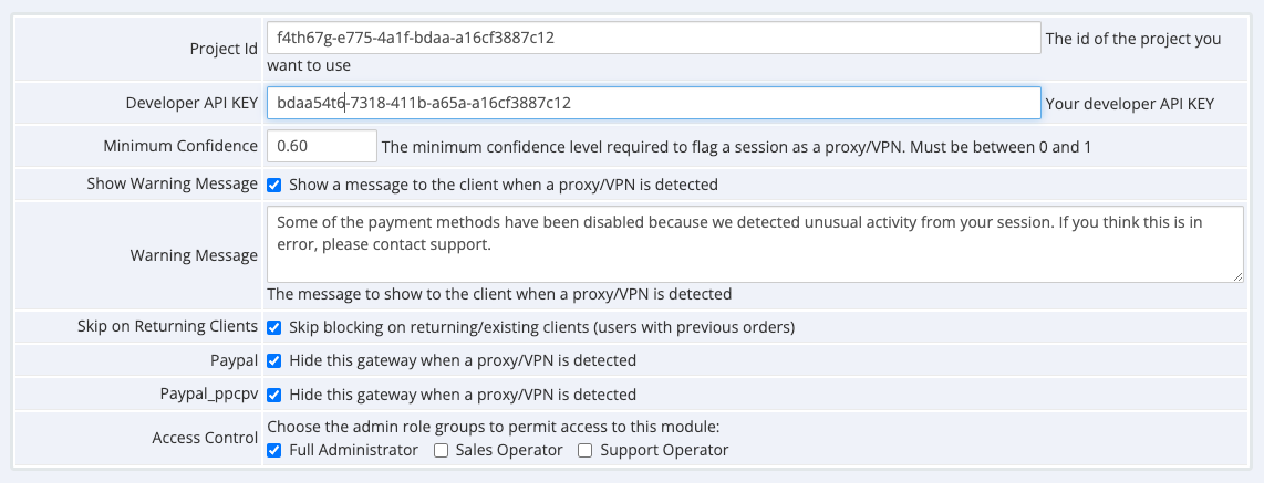 WHMCS plugin settings