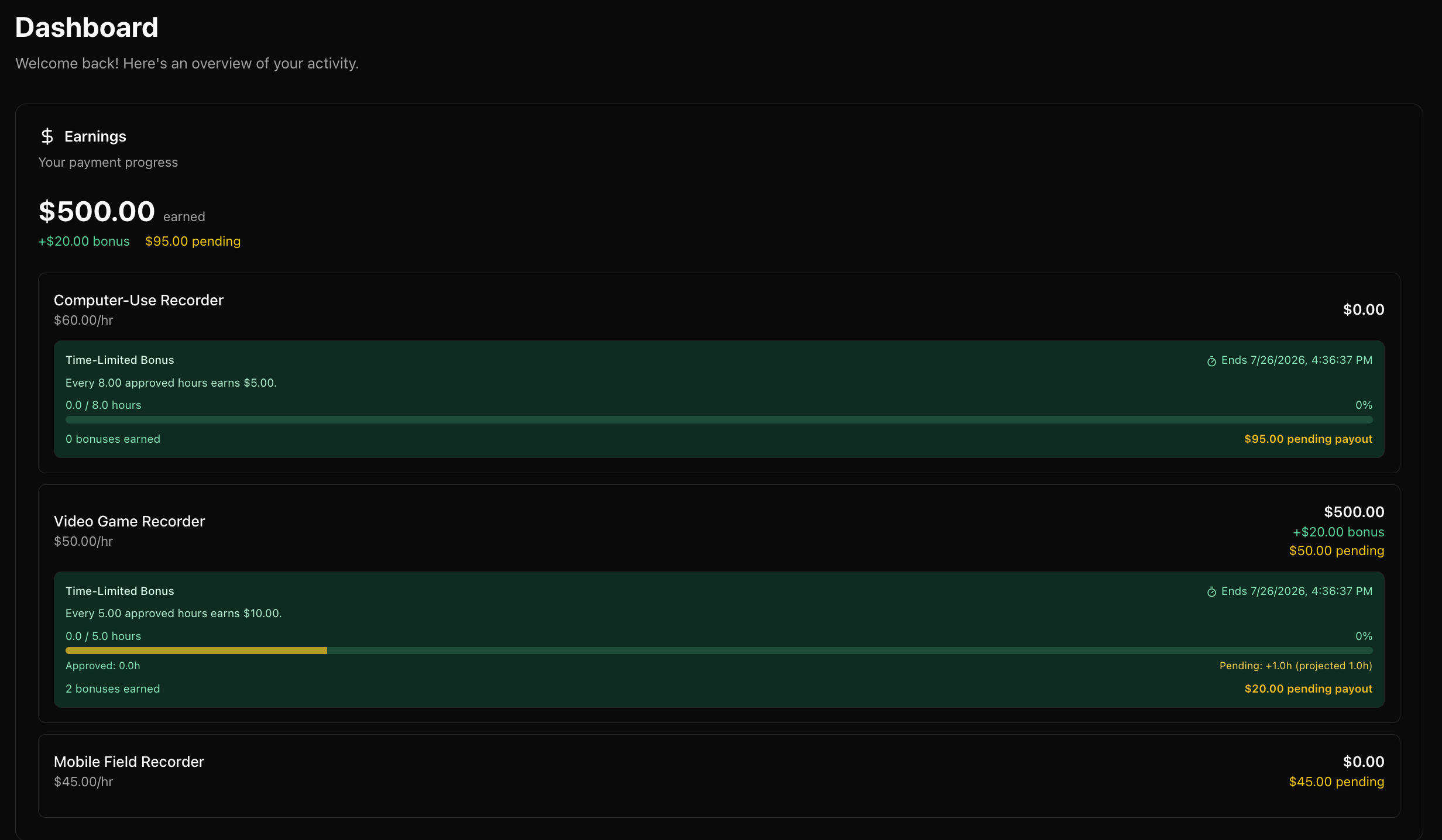 Earnings dashboard