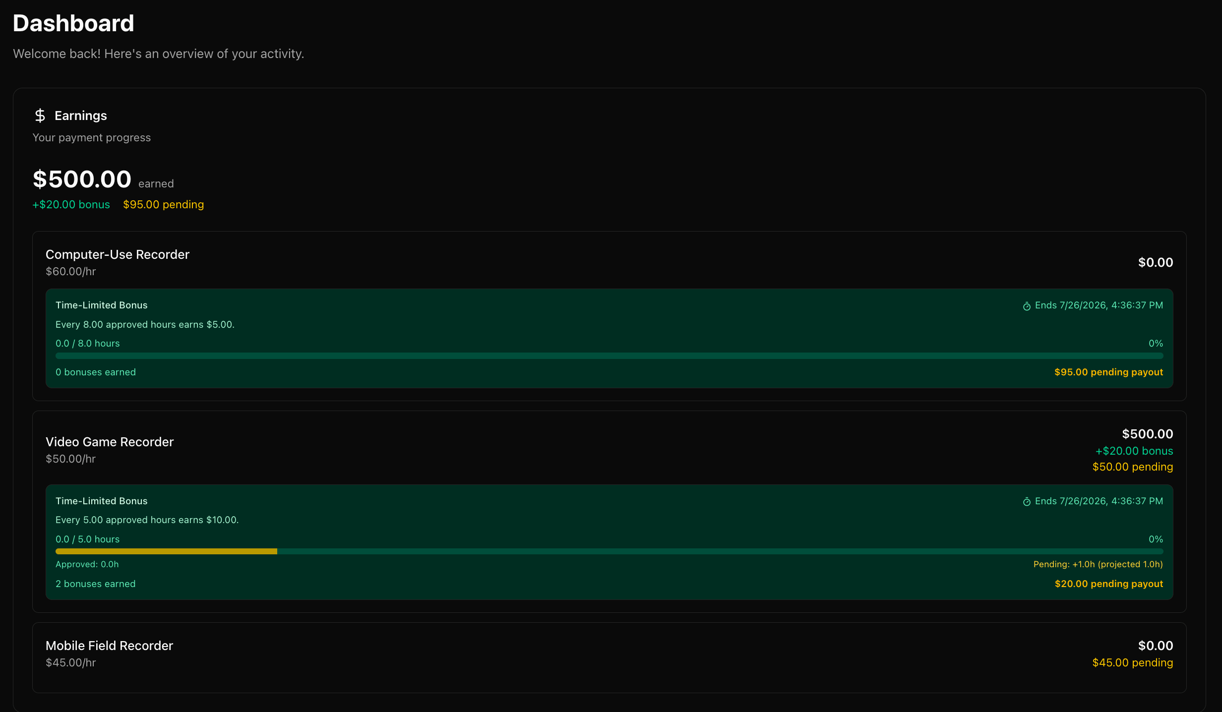 Earnings dashboard