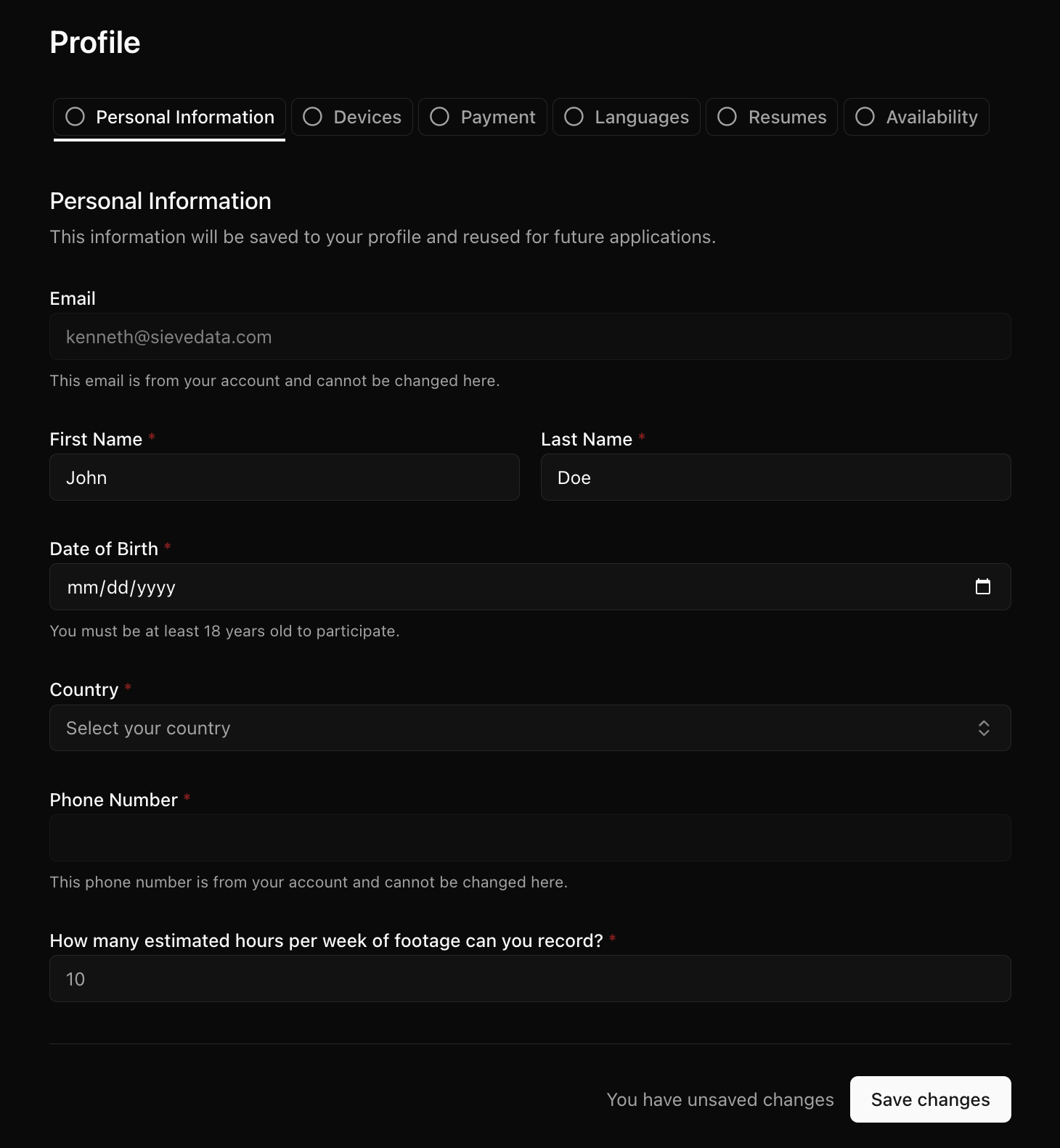 Profile page tabs