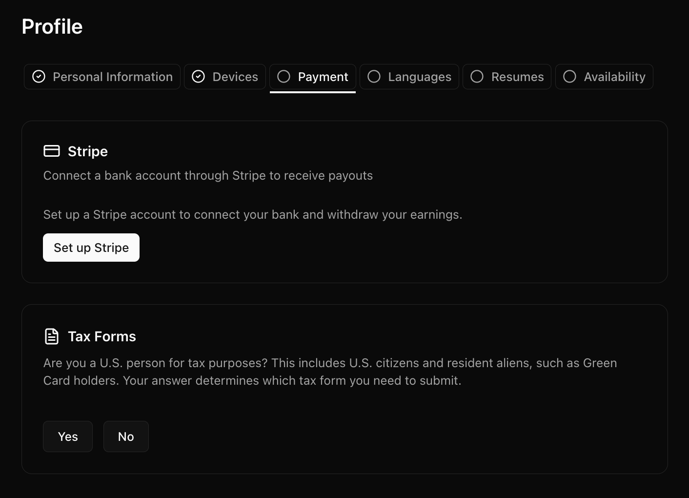 Profile Payment tab