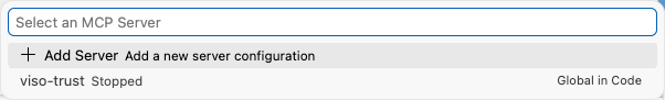 VS Code's MCP server list with viso-trust stopped and available to select.