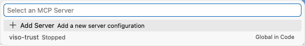 VS Code's MCP server list with viso-trust stopped and available to select.