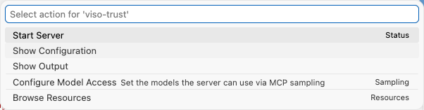 VS Code's action menu for viso-trust with Start Server as the first option.