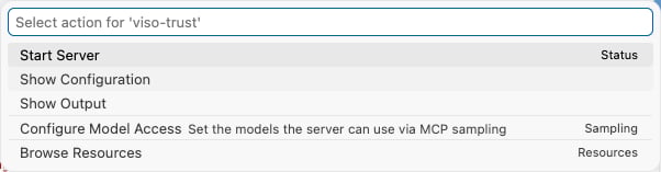 VS Code's action menu for viso-trust with Start Server as the first option.