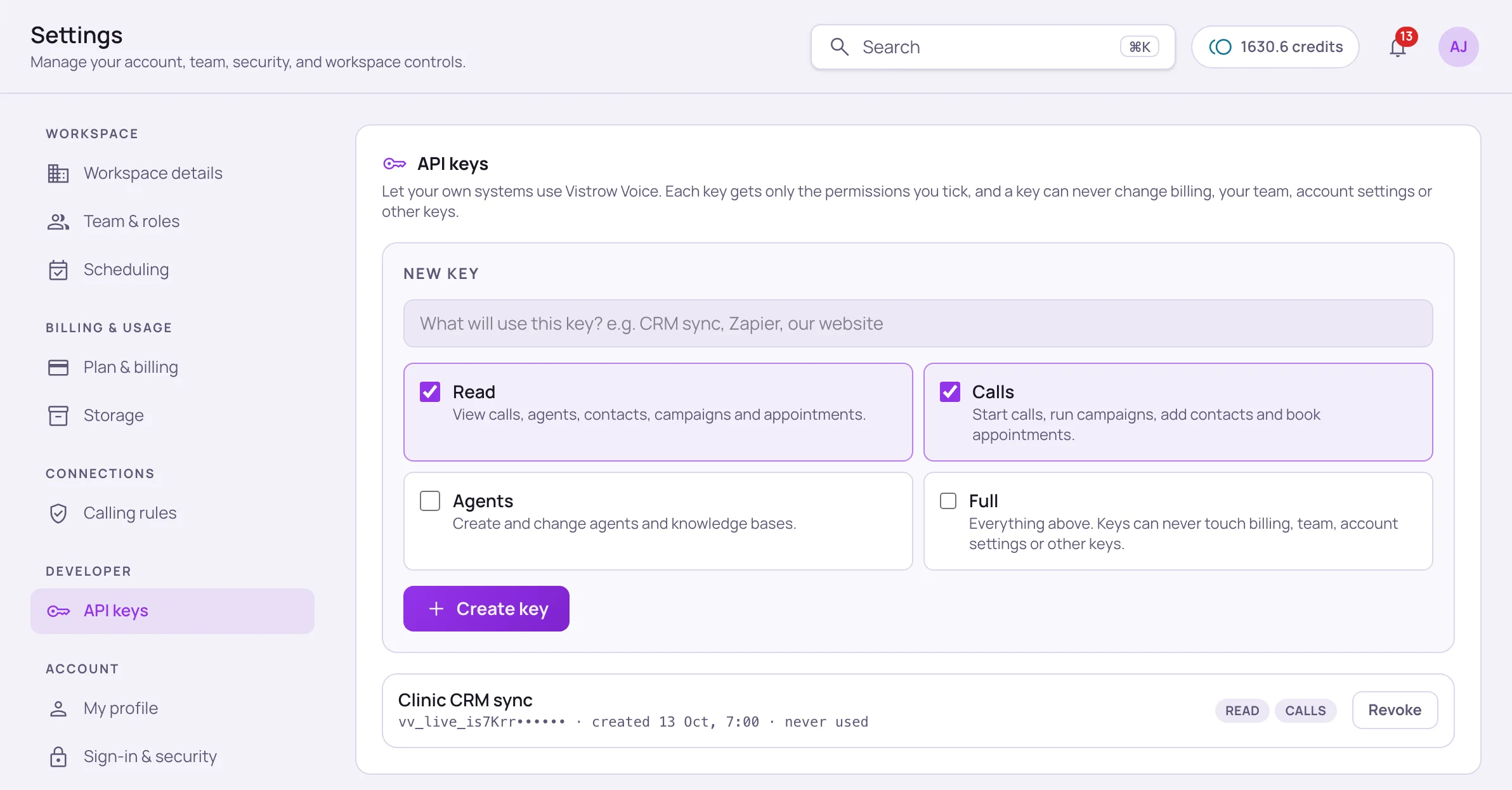 API keys tab with a New key form (name field and Read, Calls, Agents and Full permission boxes, Read and Calls ticked) and an existing key named Clinic CRM sync, masked, with Read and Calls badges and a Revoke button