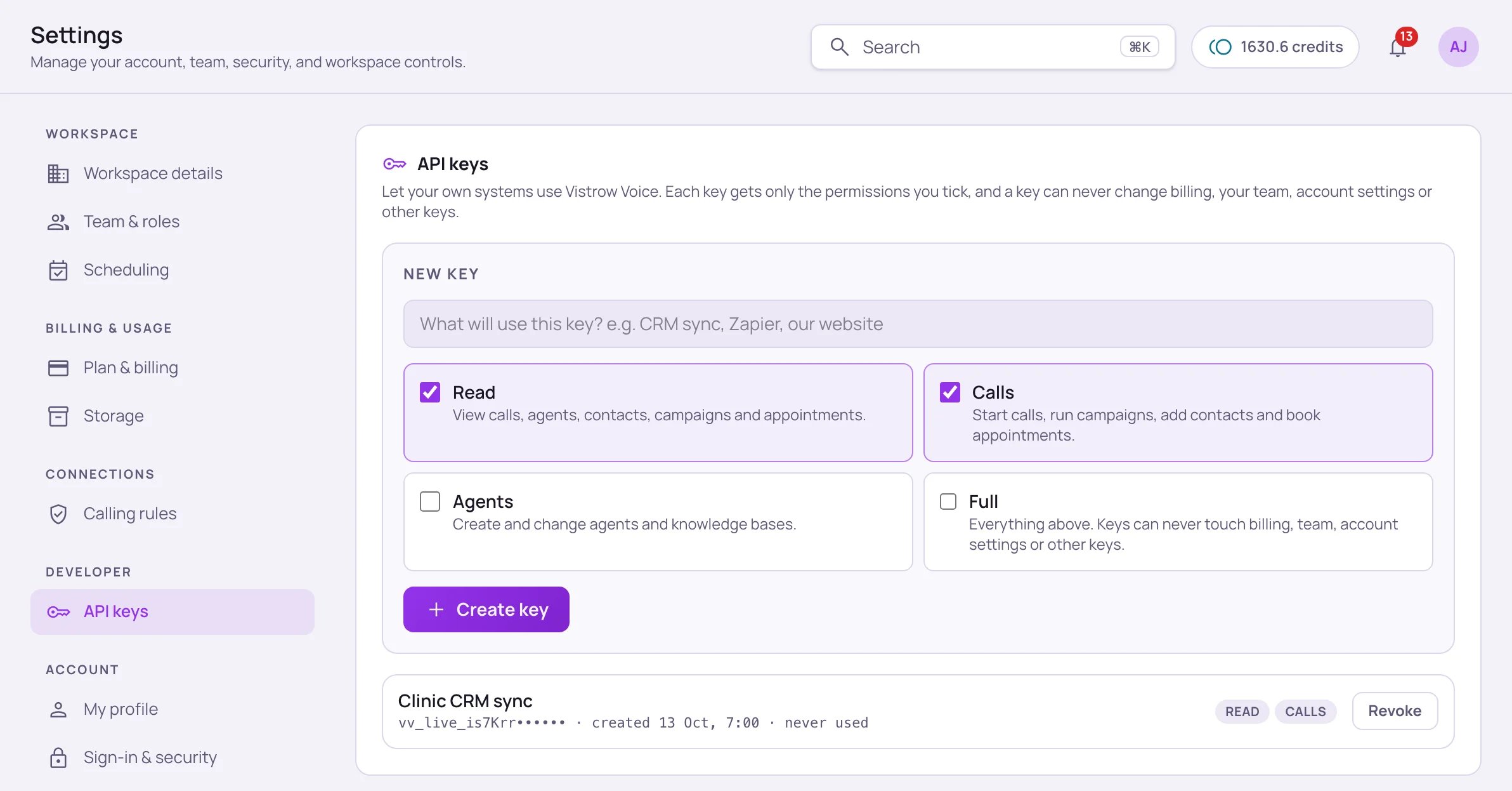 API keys tab with a New key form (name field and Read, Calls, Agents and Full permission boxes, Read and Calls ticked) and an existing key named Clinic CRM sync, masked, with Read and Calls badges and a Revoke button