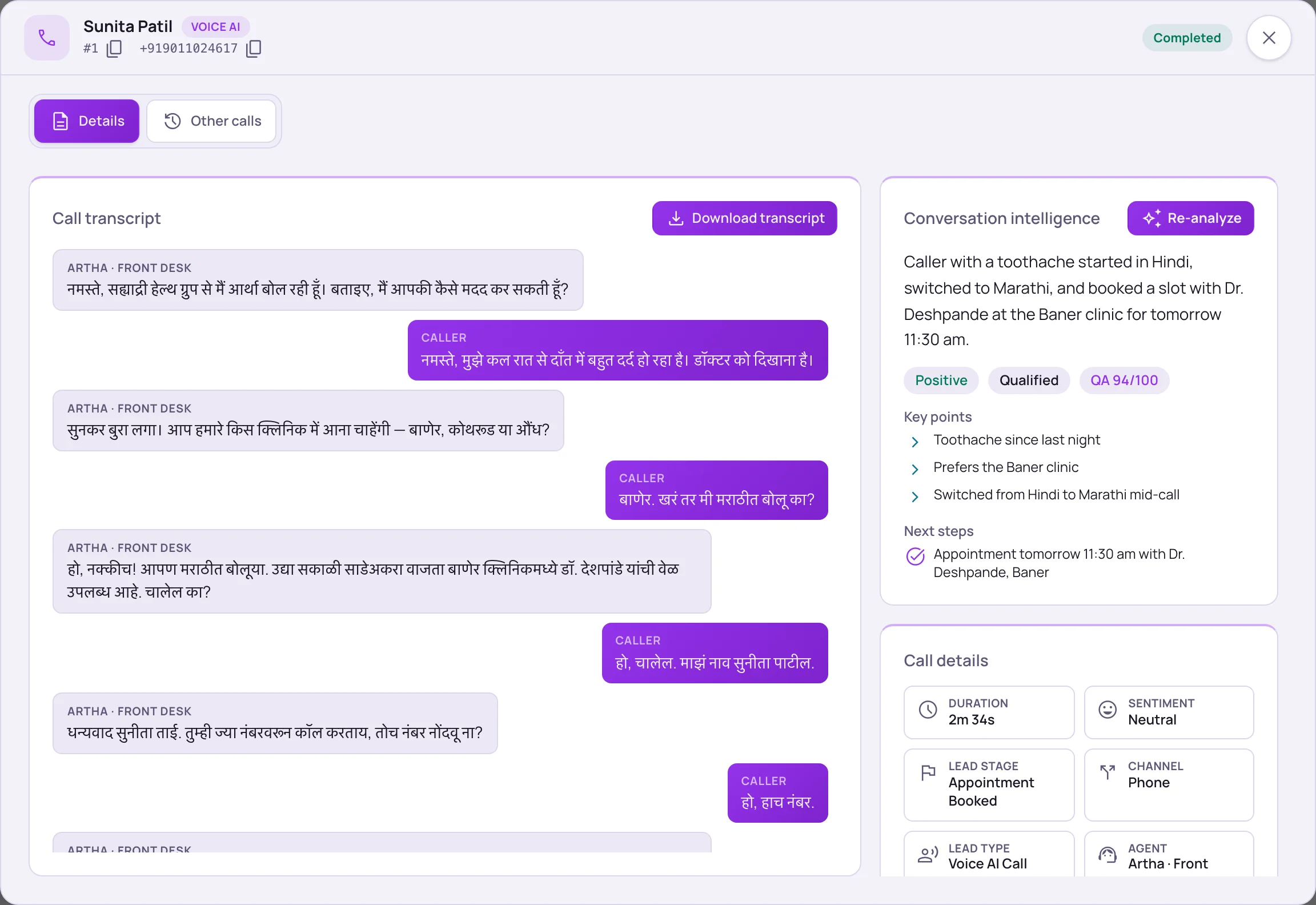 Call detail window with a Hindi and Marathi transcript, a conversation intelligence summary with Positive, Qualified and QA 94/100 badges, key points, next steps, and call details