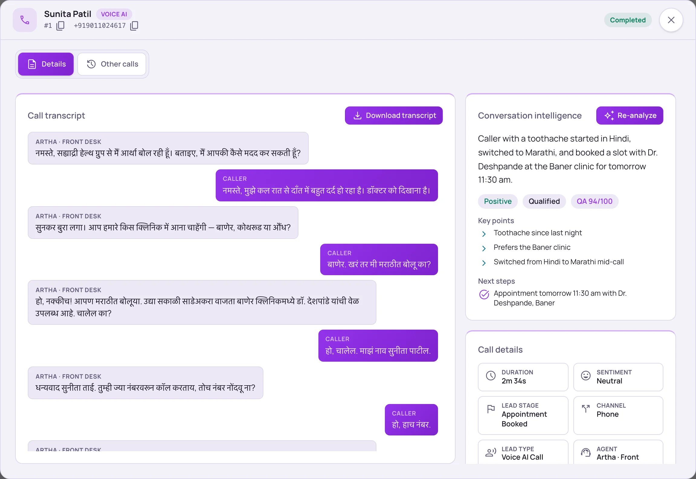 Call detail window with a Hindi and Marathi transcript, a conversation intelligence summary with Positive, Qualified and QA 94/100 badges, key points, next steps, and call details