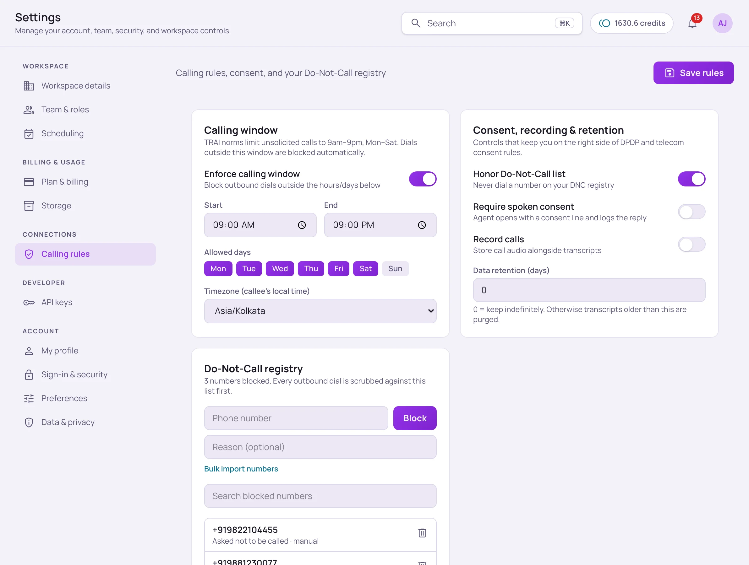 Calling rules tab with the Calling window card (enforce toggle, start and end times, allowed days, timezone), the Consent, recording and retention card, and the Do-Not-Call registry with blocked numbers