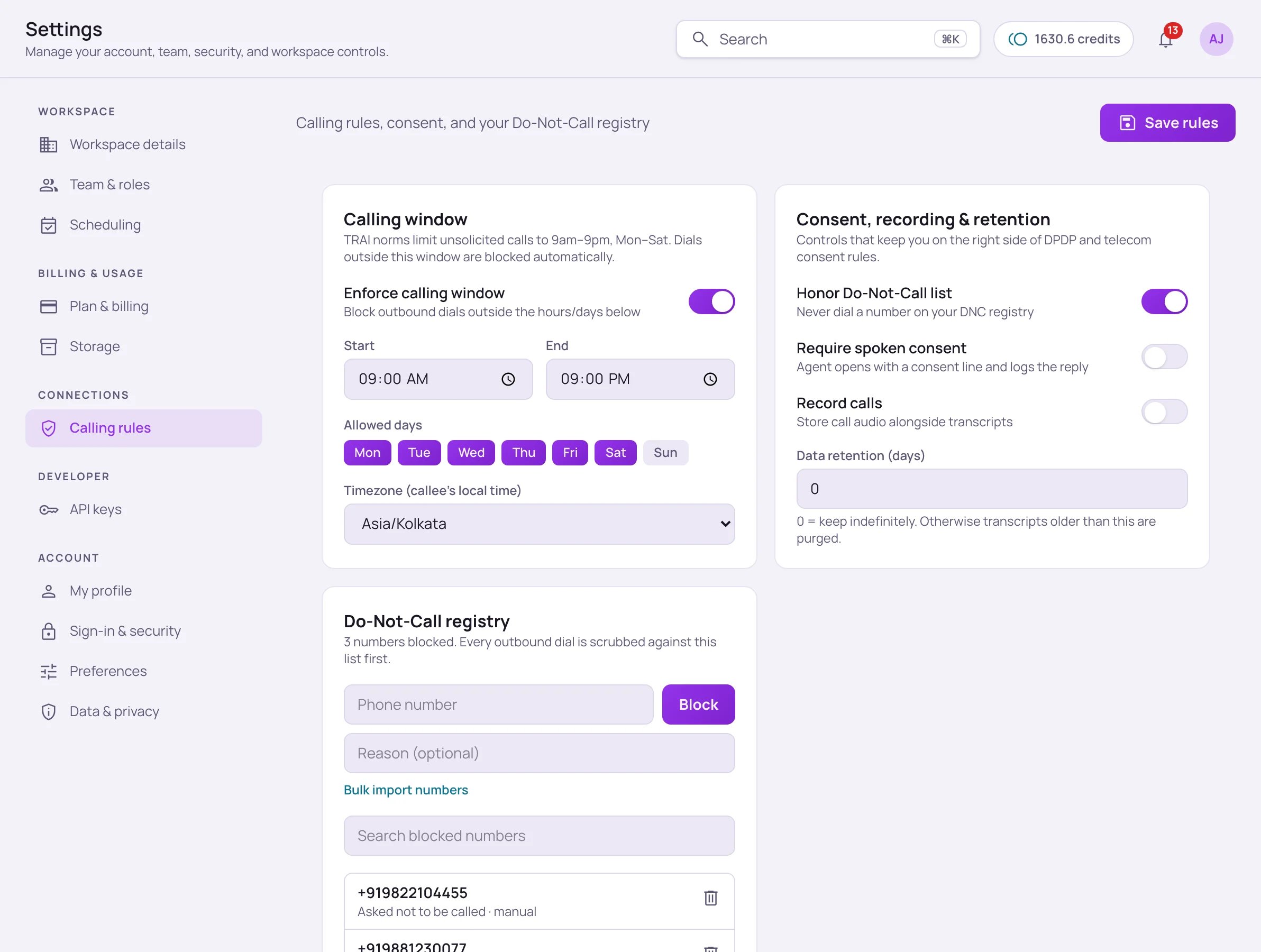 Calling rules tab with the Calling window card (enforce toggle, start and end times, allowed days, timezone), the Consent, recording and retention card, and the Do-Not-Call registry with blocked numbers
