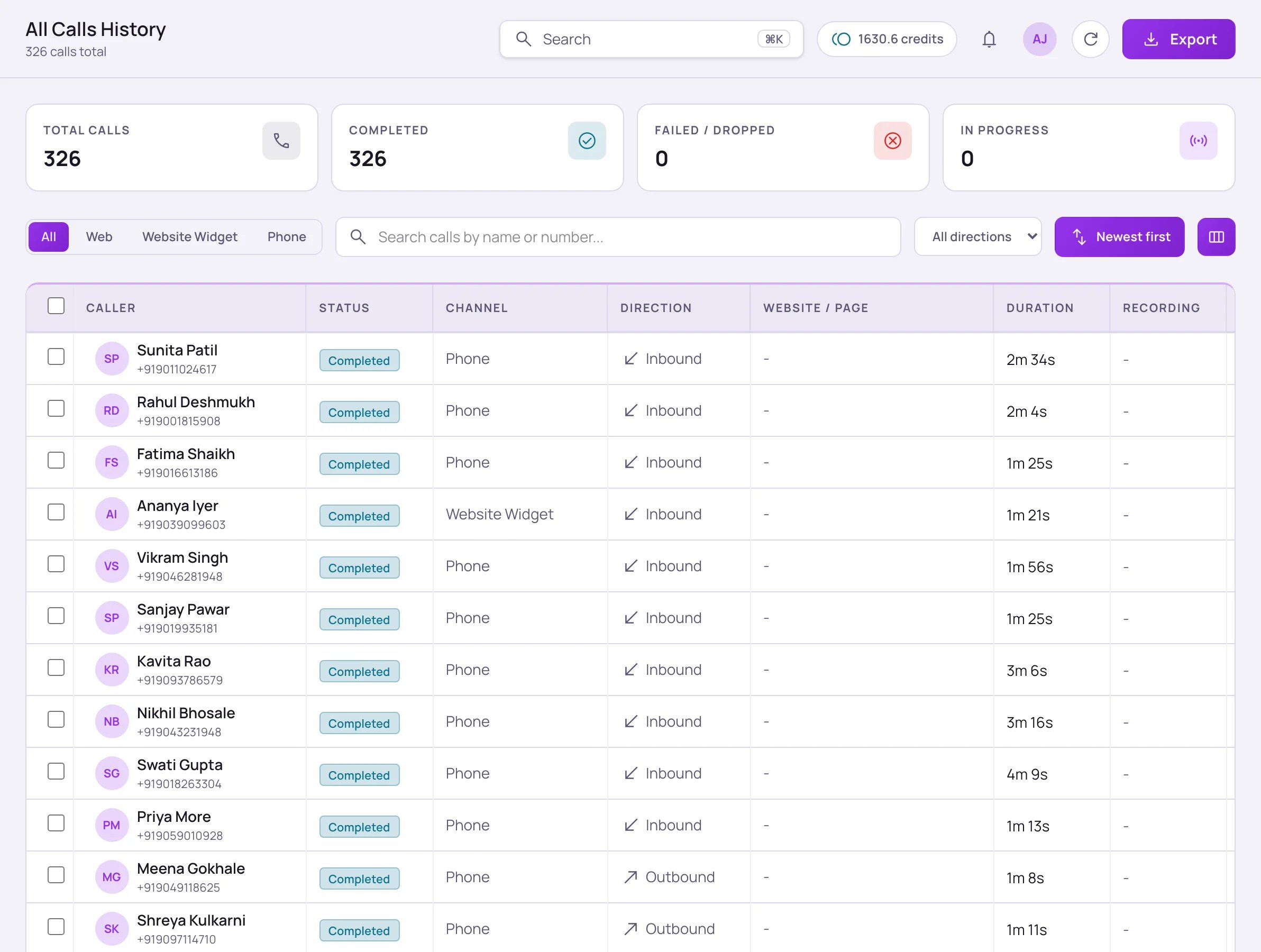 All Calls History page showing total, completed, failed and in-progress counts, channel filter tabs, a search box, and a table of calls with caller, status, channel, direction and duration