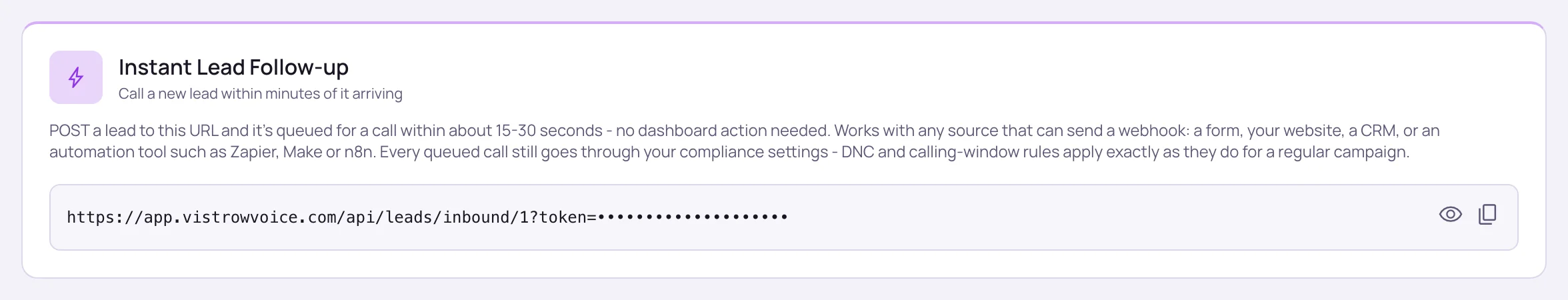Instant Lead Follow-up card showing the webhook URL with the token masked, and eye and copy icons