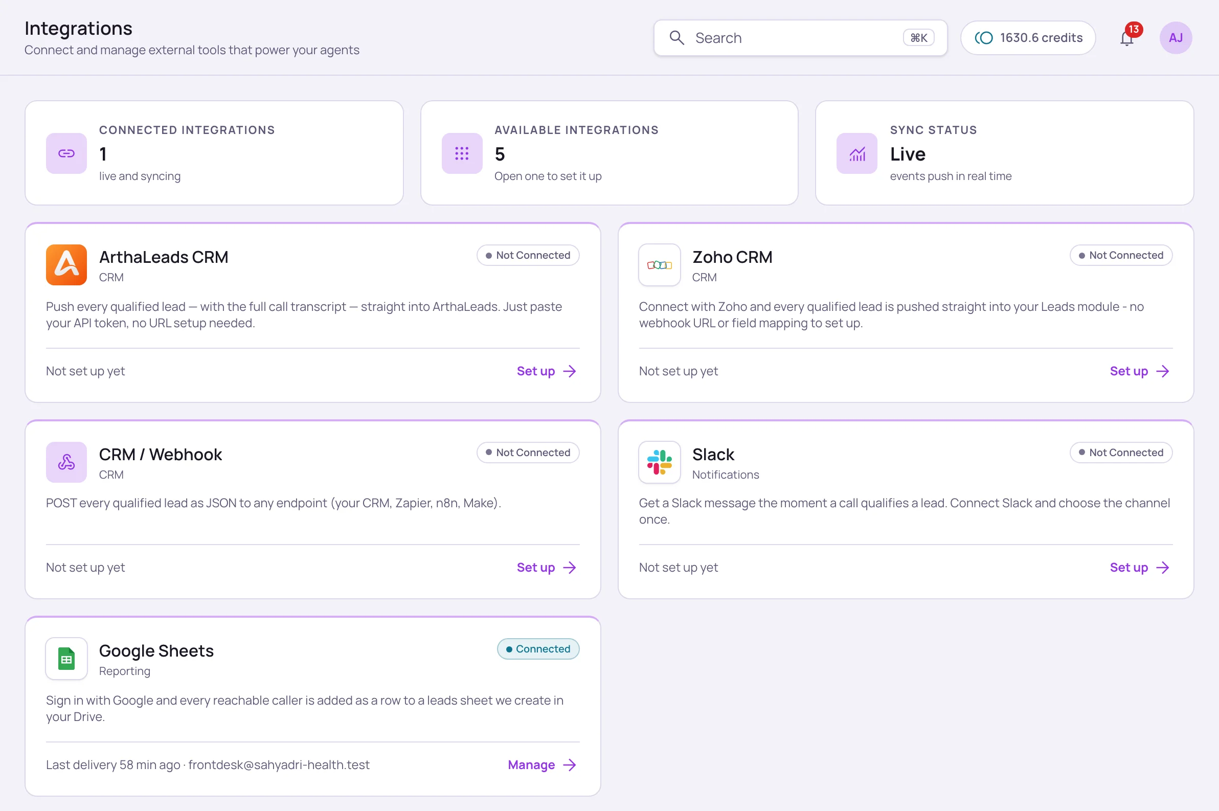 Integrations page with connected, available and sync status tiles, and cards for ArthaLeads CRM, Zoho CRM, CRM / Webhook, Slack and Google Sheets, with Google Sheets marked Connected