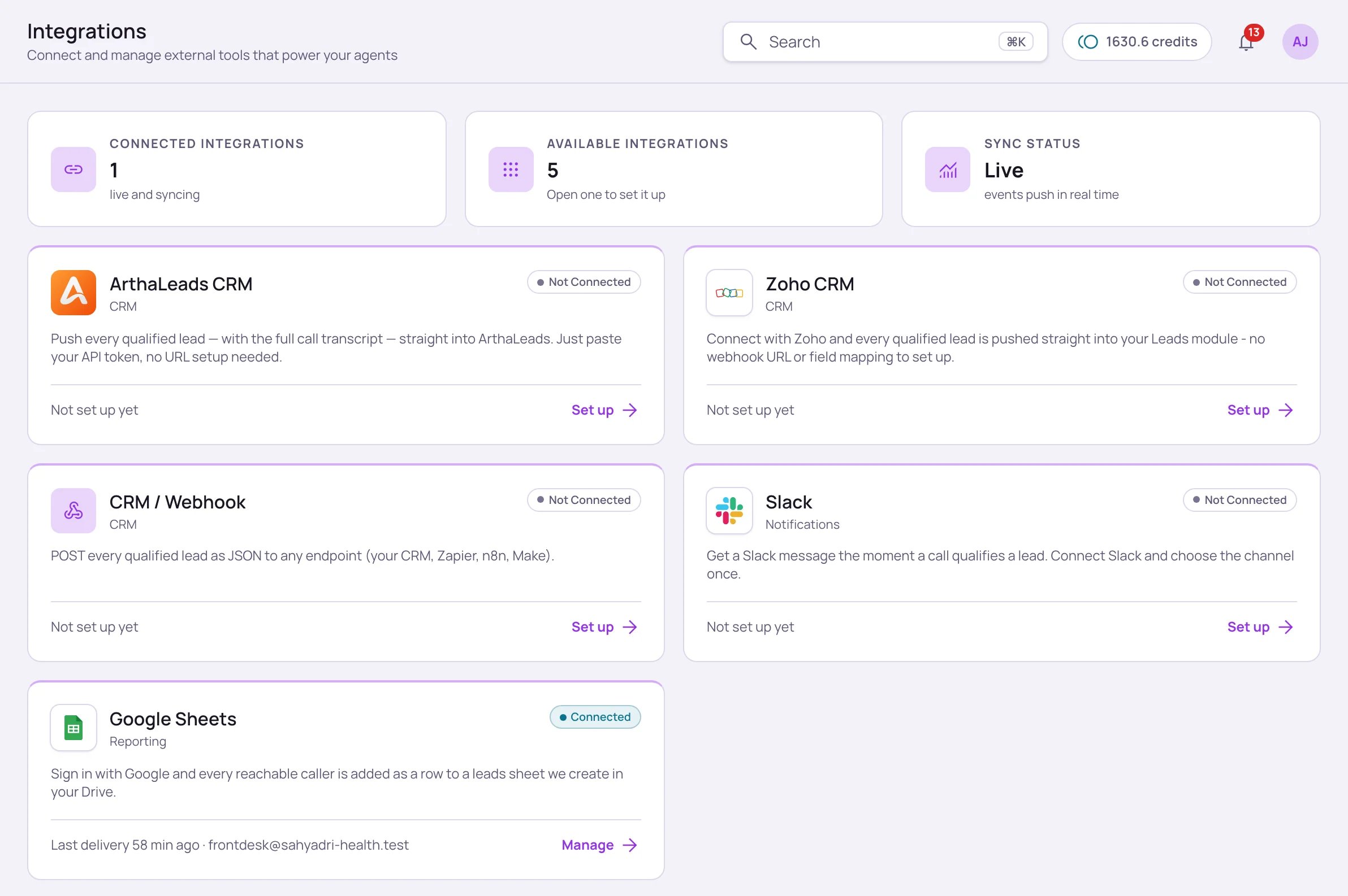 Integrations page with connected, available and sync status tiles, and cards for ArthaLeads CRM, Zoho CRM, CRM / Webhook, Slack and Google Sheets, with Google Sheets marked Connected