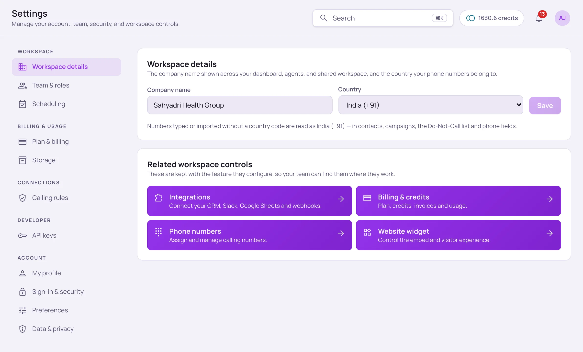 Settings page with the section list on the left (Workspace, Billing & usage, Connections, Developer, Account) and the Workspace details card with company name and country
