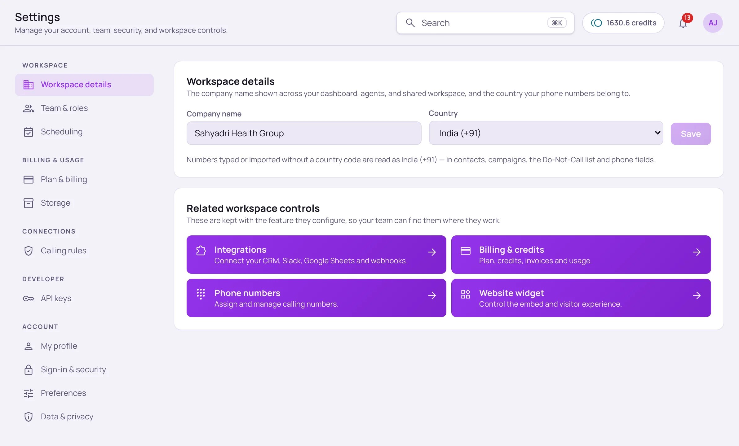Settings page with the section list on the left (Workspace, Billing & usage, Connections, Developer, Account) and the Workspace details card with company name and country