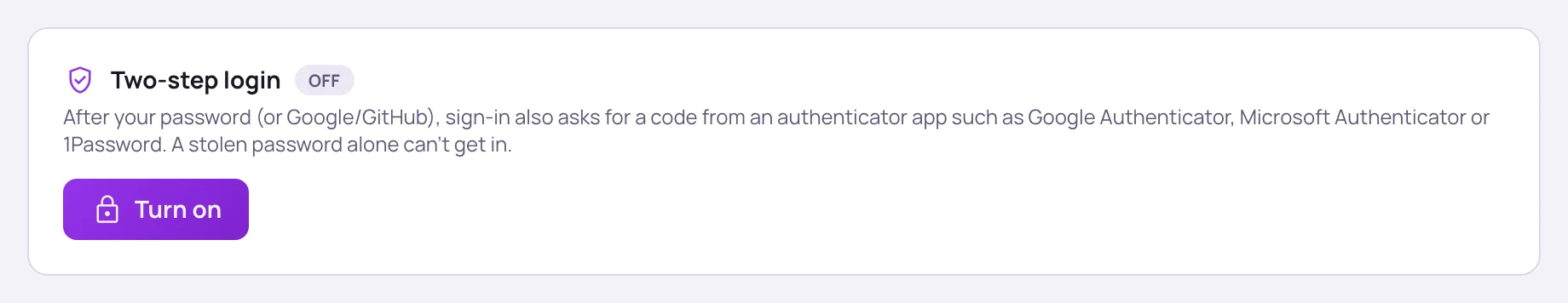Two-step login card marked OFF, with a short explanation and a Turn on button