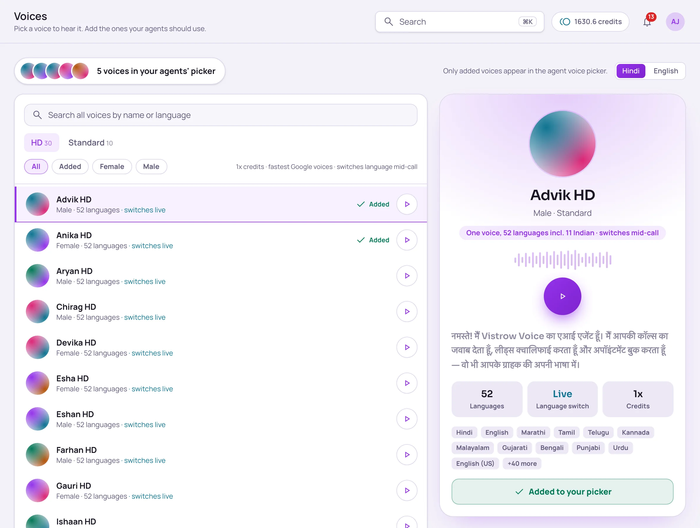 Voices page showing the HD tab with 30 voices and Standard with 10, filters for All, Added, Female and Male, a list of HD voices, and a spotlight panel for Advik HD with its languages and an Added to your picker button