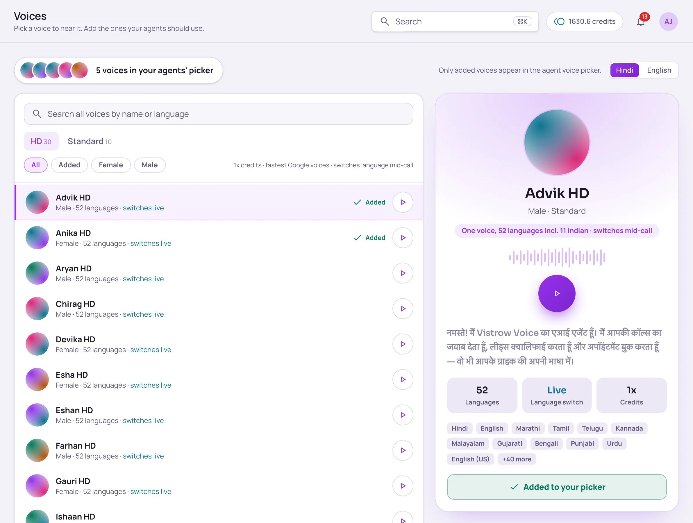 Voices page showing the HD tab with 30 voices and Standard with 10, filters for All, Added, Female and Male, a list of HD voices, and a spotlight panel for Advik HD with its languages and an Added to your picker button