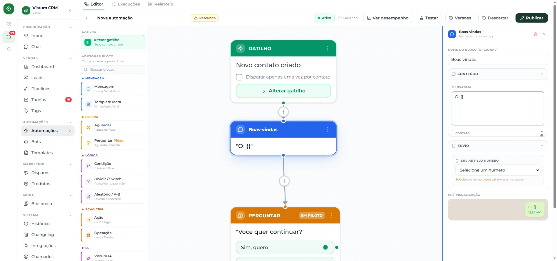 Autocomplete de variáveis aparecendo ao digitar chaves duplas dentro de uma mensagem