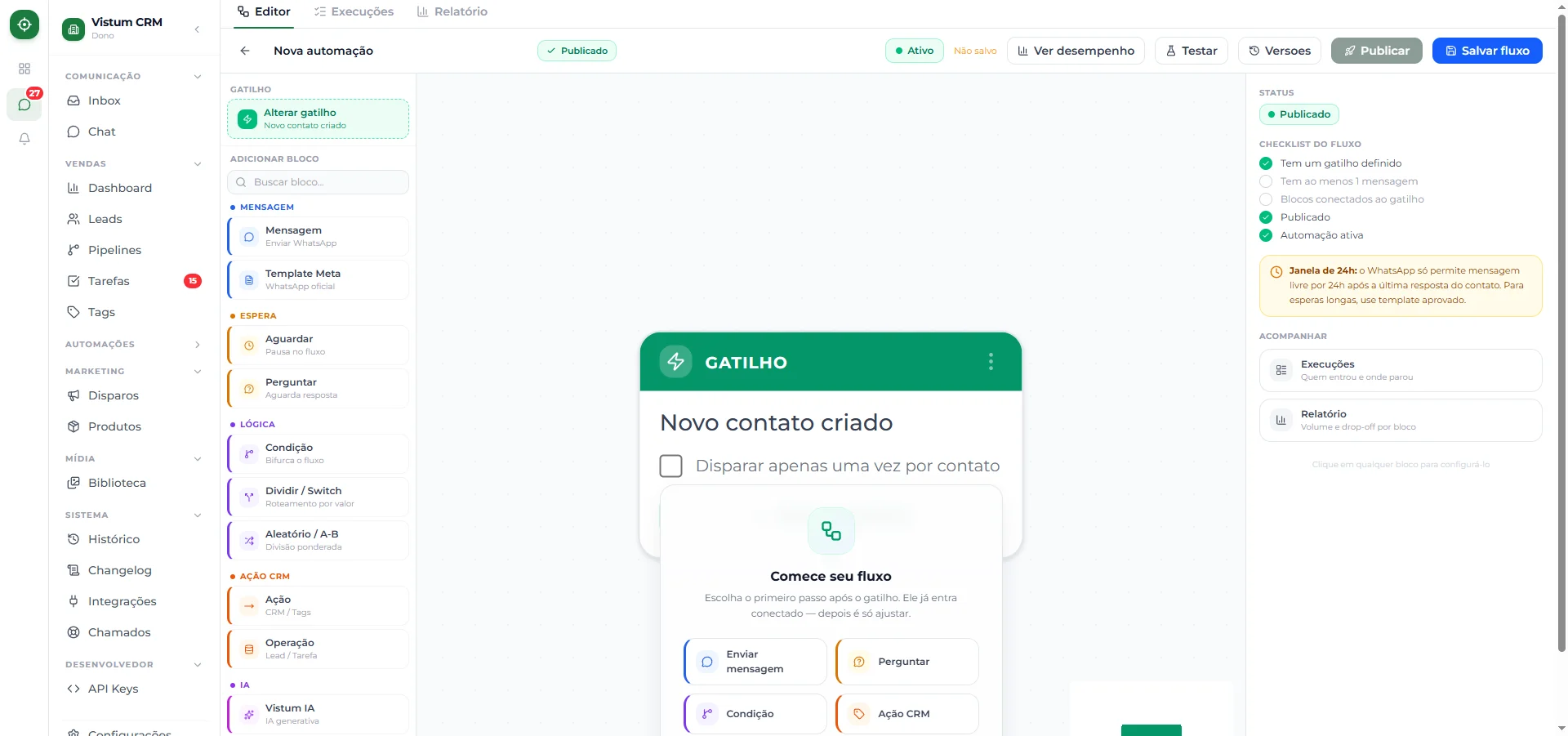 Tela do builder de automações, com o gatilho, o canvas no centro e o painel de configuração na lateral