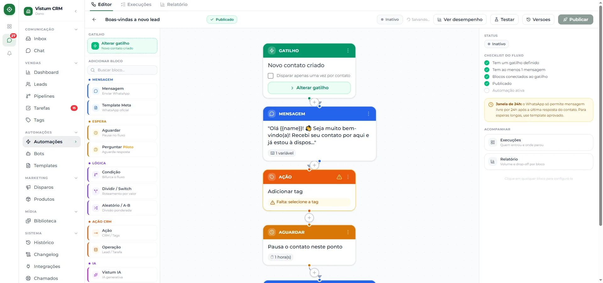 Um fluxo de automação completo de exemplo, do gatilho até o fim