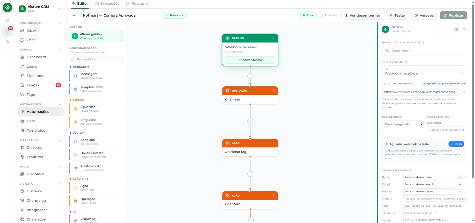 Painel de configuração do webhook da Hotmart no Vistum, com a URL gerada e o status conectado