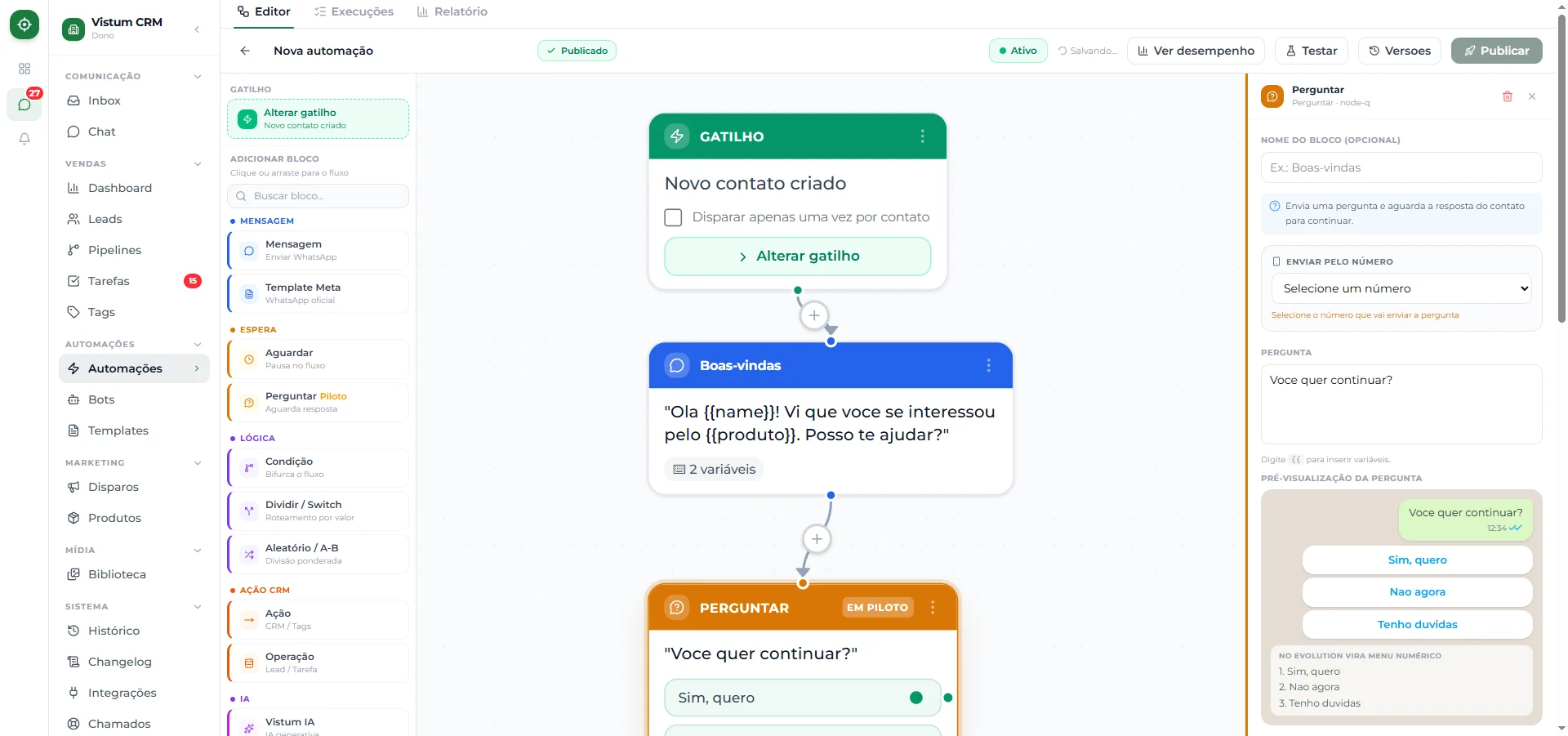 Preview das opções: botões nativos no WhatsApp oficial e menu numérico no não-oficial