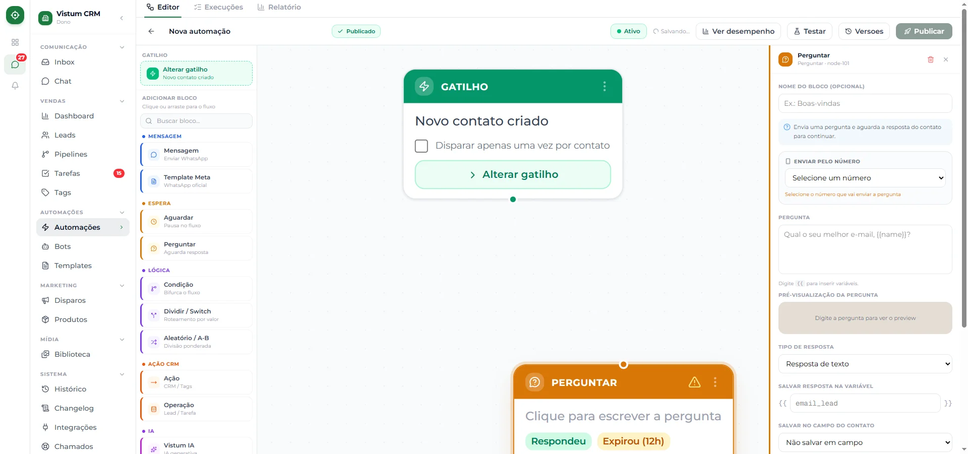 Painel de configuração do bloco Perguntar, com o texto da pergunta, o tipo de resposta e o tempo de espera