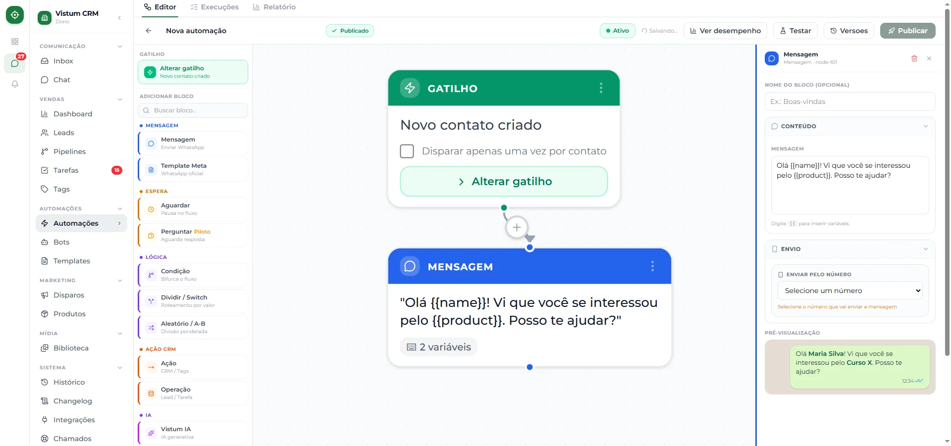 Prévia de uma mensagem no estilo bolha do WhatsApp, com as variáveis já resolvidas