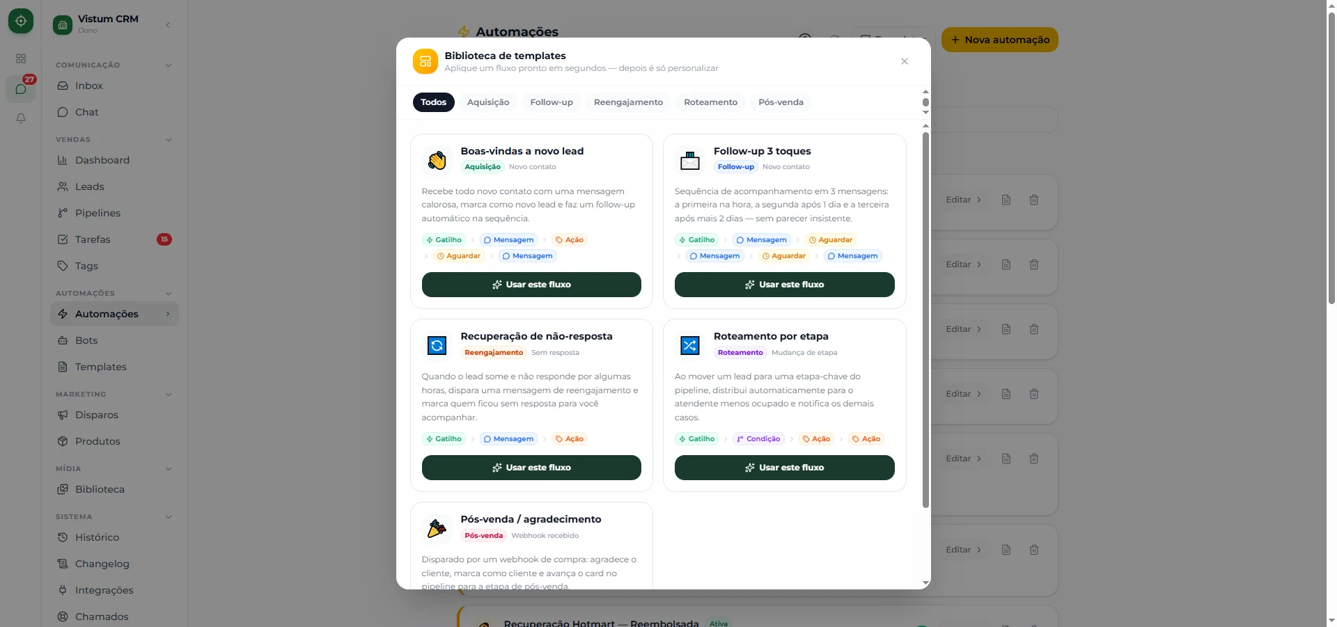 Galeria de templates de automação prontos para usar