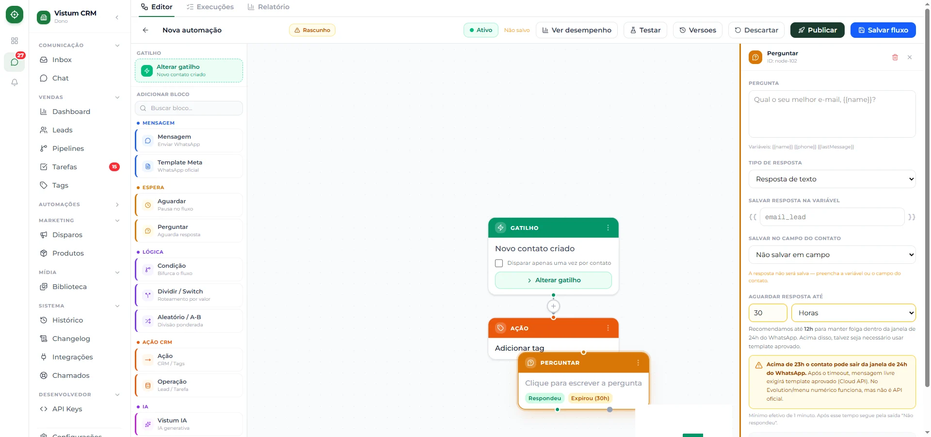 Aviso de tempo de espera no bloco Perguntar, alertando sobre a janela de 24 horas do WhatsApp
