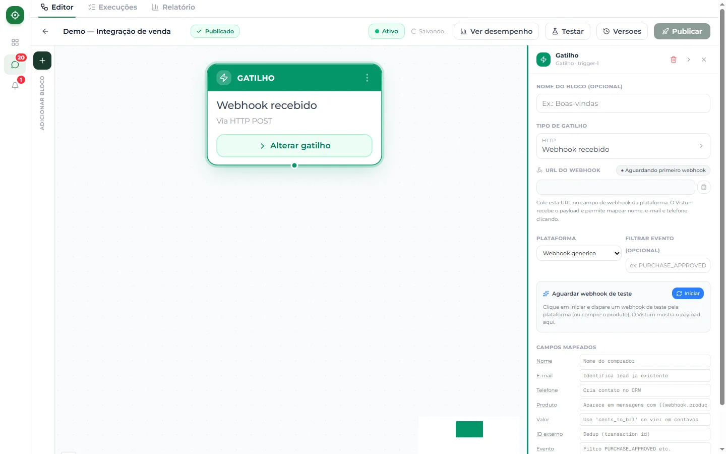 Gatilho Webhook recebido no Vistum mostrando a URL e o token da automação Braip