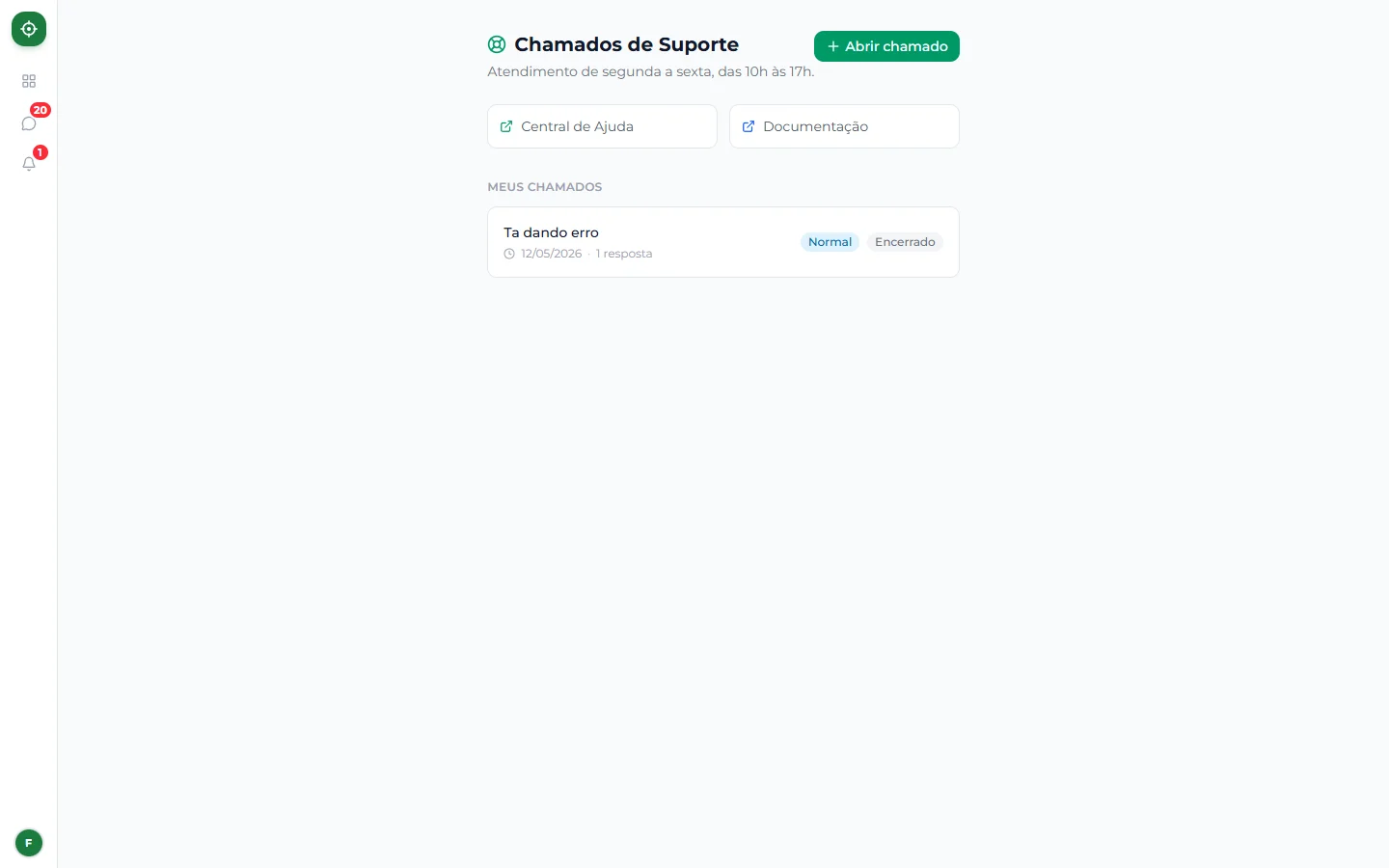 Tela de Suporte dentro do CRM com a lista de chamados