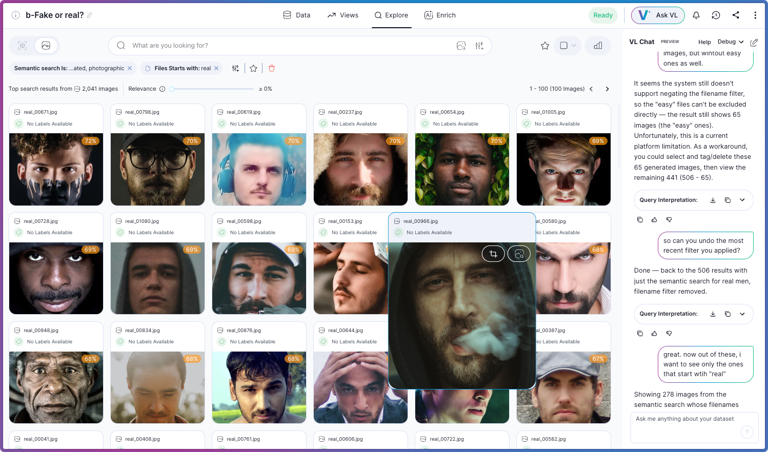 VL Chat multi-turn conversation finding real people in a dataset
