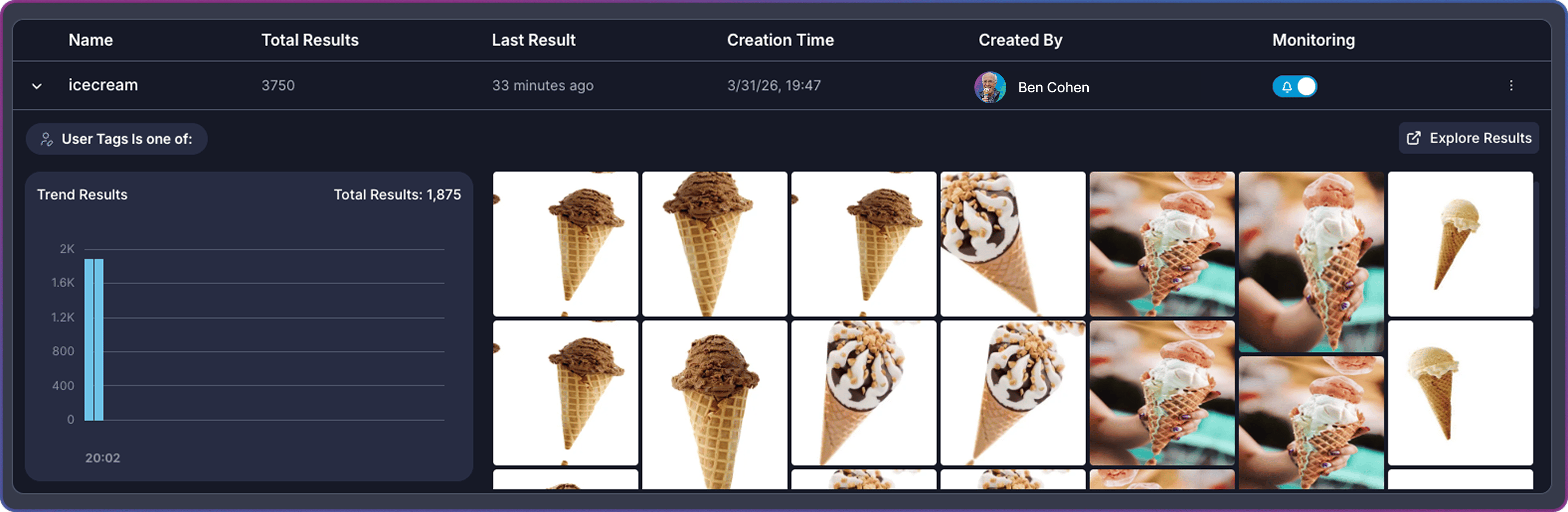 Expanded view row showing trend chart with result counts and image preview grid
