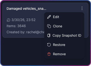Snapshot three-dot menu showing Edit, Clone, Copy Snapshot ID, Restore, and Remove options